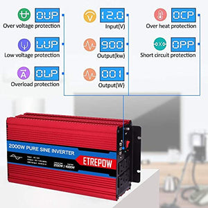 ETREPOW 2000 Watt/4000 Watt Pure Sine Wave Power Inverter 12V DC to 110V /120V AC Power Converter Wireless Remote Control-Off-Grid Inverter for Outdoor ,Home,Camping, RV,Truck,Car