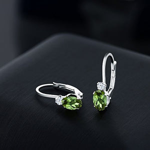 Gem Stone King 925 Sterling Silver Green Tourmaline and White Sapphire Leverback Earrings For Women (0.88 Ct Oval, 3/4 Inch)