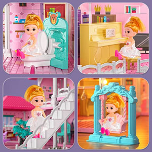 TEMI Doll House Dreamhouse for Girls - 4-Story 12 Rooms Playhouse with 2 Dolls Toy Figures, Fully Furnished Fashion Dollhouse, Pretend Play House with Accessories, Gift Toy for Kids Ages 3 4 5 6 7 8+