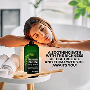 MAJESTIC PURE Tea Tree Body Wash with Collagen - Helps Nail Fungus, Athletes Foot, Ringworms, Jock Itch, Acne, Eczema & Body Odor - Soothes Itching - (Packaging May Vary), Set of 2, 16 fl oz