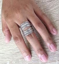 Load image into Gallery viewer, Sterling Silver Ethnic Boho Wide Band Ring, Handmade Tribal Gypsy Adjustable wrap around ring With Geometric Engraving, fit as Thumb Ring, Gift for Her
