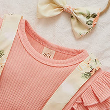 Load image into Gallery viewer, Newborn Infant Baby Girl Ruffle Long Sleeve Ribbed T-Shirt Top Floral Suspender Shorts Headband Winter Clothes (Pink, 0-3 Months)
