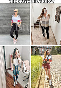 Biucly Womens Stripes Color Block Knit Sweater Zip Up Hoodies Long Sleeve Lightweight Drawstring Jacket Pullover Sweatshirts Sweaters Fall Winter,US 4-6(S),Grey