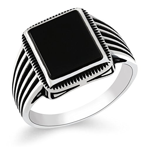 chimoda Turkish Silver Jewelry Black Onyx Stone 925 Sterling Men's Ring Striped Design (11)