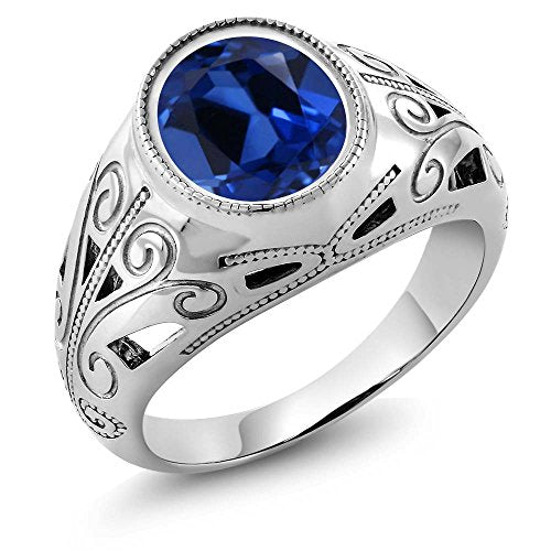 Gem Stone King 925 Sterling Silver Oval Blue Simulated Sapphire Men's Ring 6.13 Ct (Size 13)