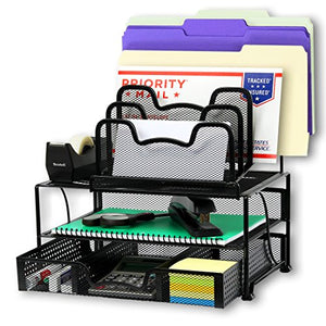 SimpleHouseware Mesh Desk Organizer with Sliding Drawer, Double Tray and 5 Stacking Sorter Sections, Black