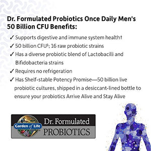 Garden of Life Dr. Formulated Probiotics for Men, Once Daily Men’s Probiotics, 50 Billion CFU Guaranteed, 15 Strains, Shelf Stable, Gluten Dairy & Soy Free One a Day, Prebiotic Fiber, 30 Capsules