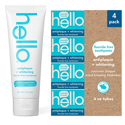 Hello Antiplaque and Whitening Fluoride Free Toothpaste, Natural Peppermint Flavor, SLS Free, Gluten Free, and Peroxide Free, 4.7 Ounce (Pack of 4)