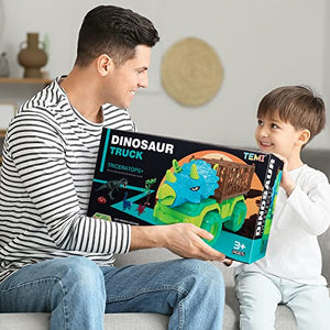 TEMI Dinosaur Truck Toy for Kids 3-5 Years, Triceratops Transport Car Carrier Truck with 8 Dino Figures, Activity Play Mat, Dino Eggs and Trees, Capture Jurassic Dinosaur Play Set for Boys and Girls