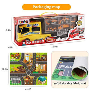 DOLIVE Construction Die-cast Car Toys Kids Alloy Metal Vehicles Play Mat Set,Excavator Cement Dump Truck Tractor Helicopter,Carrier Truck with Sounds n Lights, Gift Pack for 3 4 5 Year Old Boys Girls