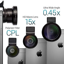 Load image into Gallery viewer, Camera Lens Kit by Coral Entertainments| Professional CPL, Macro &amp; Wide Angle Lenses | Multi-use tripod &amp; Selfie Remote Control | For iPhone, Samsung Galaxy, iPads Tablets | Hard Case &amp; Universal Clip

