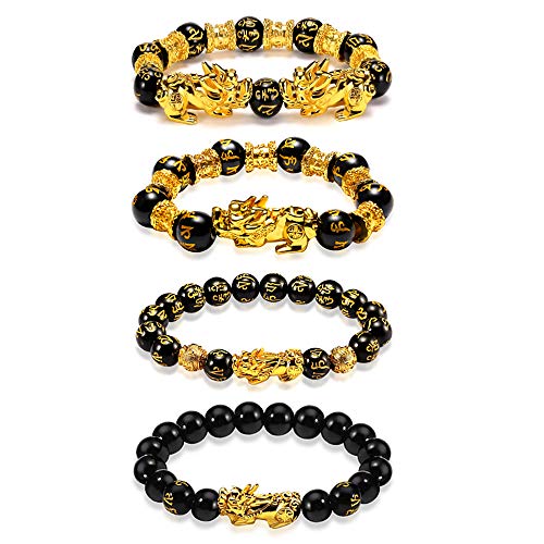 EnjoIt 12mm 4PCS Feng Shui Black Obsidian Wealth Bracelet Pi Xiu Charm Handmade Lucky Amulet Bracelet for Men Women