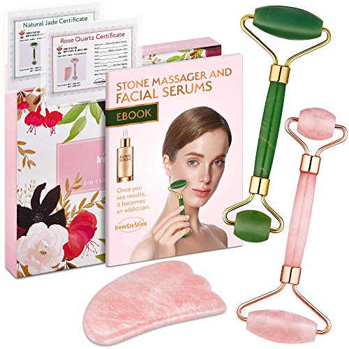 Authentic Jade Roller, Natural Rose Quartz Roller and Gua Sha | 3-In-1 Stone Face Massager Kit