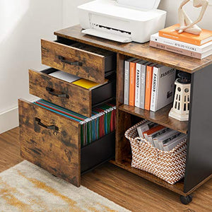 VASAGLE Industrial 3-Drawer File Cabinet, Mobile Lateral Filing Cabinet with Open Compartments, for A4, Letter Sized Documents, Printer Stand, Rustic Brown and Black UOFC041B01