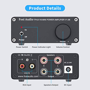 2 Channel Amplifier Stereo Audio Amp Mini Hi-Fi Class D Integrated TPA3116 Amp for Home Speakers 50W x 2, with 19V 4.74A Power Supply - Fosi Audio V1.0B Black