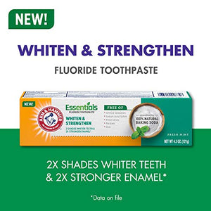 Arm & Hammer Essentials Whiten & Strengthen Fluoride Toothpaste, 100% Natural Baking Soda, Fresh Mint, 4.3 Oz (Pack of 4)