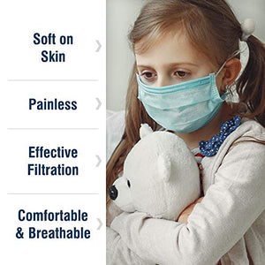 WeCare Individually Wrapped Kids Face Masks - 50 Pack - Soft on Skin - Disposable, 3 Ply - 5.7" x 3.7" Children's Size - 3 Layer Protectors with Elastic Earloops - Latex Free - Blue