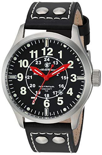 Smith and Wesson SWW-GRH-1 Mumbai Lamplighter Swiss Tritium Watch 10ATM with Leather Strap, Black