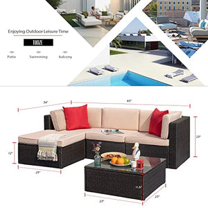 Tuoze 5 Pieces Patio Furniture Sectional Outdoor PE Rattan Wicker Lawn Conversation Cushioned Garden Sofa Set with Glass Coffee Table (Beige)