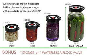 AMZUShome Fermenting Lids Kit Waterless Airlock For Wide Mouth Mason Jar Fermentation Not Crock Pots,Make Sauerkraut,Kimchi,Pickles Or Fermented Foods.4 Pack+1 Pump(Black)