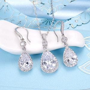 EleQueen 925 Sterling Silver Full Cubic Zirconia Teardrop Bridal Pendant Necklace Hook Dangle Earrings Sets