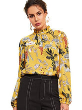Load image into Gallery viewer, Floerns Women's Mock Neck Floral Print Workwear Long Sleeve High Neck Blouse Tops Yellow M
