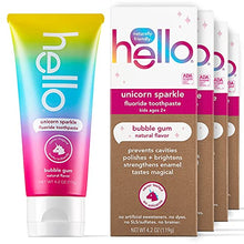 Load image into Gallery viewer, hello Kids Unicorn Sparkle Fluoride Toothpaste With Natural Bubble Gum Flavor, Vegan, Sls &amp; Gluten Free, 4.2 oz, 4 count
