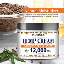 Load image into Gallery viewer, Hemp Cream for Pain, Sore Muscle and Joints by Jasmine’s Herb Garden - 12,000 mg Complex with Peppermint, MSM and Turmeric - Soothes Muscles, Relieves Inflammation - 4 oz
