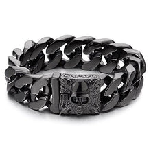 Load image into Gallery viewer, COOLSTEELANDBEYOND Mens Black Large Steel Curb Chain Bracelet with Fleur De Lis and Skull, Biker Gothic, Polished

