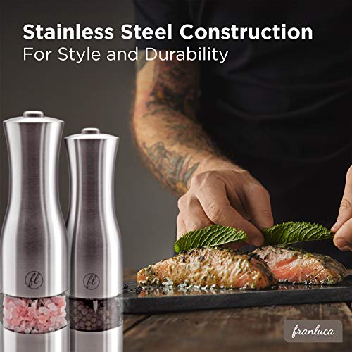 Load image into Gallery viewer, Grind'Oro Electric Salt and Pepper Grinder Set (2 Mills) Battery Operated, Stainless Steel with Light - One Touch Automatic Salt Grinder Mill Adjustable Coarseness, Franluca's Kitchen Power Shaker Set