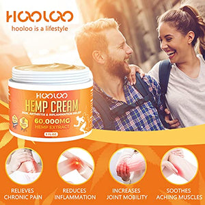 Hemp Cream, HOOLOO 60,000 Natural Hemp Extract Cream, Fast Relief, Muscle, Joint, Lower Back, Knees, Fingers, Nerves, Made in USA, 5oz