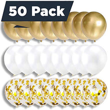 Load image into Gallery viewer, 50 Pieces Gold, White and Gold Confetti Balloons | PREFILLED 14 Inch Latex, Metallic, Confetti Balloons for Party, Decorations, Wedding &amp; Bridal (with Ribbon)
