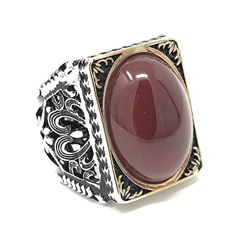 KAR 925K Stamped Sterling Silver Red Agate (Aqeeq) Men's Large Ring I1N (13)