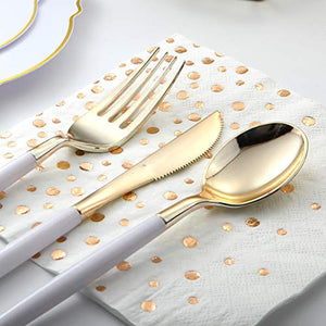144 PCS Disposable Gold Silverware, Plastic Flatware with White Handle, Gold Plastic Cutlery Includes: 48 Forks, 48 Knives and 48 Spoons (GOLD)