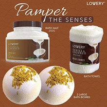 Load image into Gallery viewer, Bath and Body Gift Basket For Women and Men – 9 Piece Set of Vanilla Coconut Home Spa Set, Includes Fragrant Lotions, Extra Large Bath Bombs, Coconut Oil, Luxurious Bath Towel &amp; More
