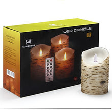 Load image into Gallery viewer, Comenzar Flickering Candles, Candles Birch Set of 3 (H: 4" 5" 6" x D: 3.25")Birch Bark Battery Candles Real Wax Pillar with Remote Timer
