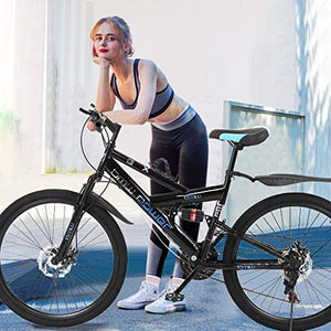 Adult Mountain Bikes 26 Inch Mountain Trail Bike High Carbon Steel Full Suspension MTB Speed Bicycles 6 Spoke 21 Speed Gears Dual Disc Brakes Outdoor Mountain Bicycle - US Stock