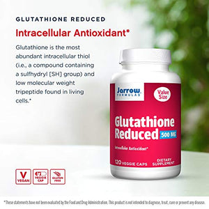 Jarrow Formulas Glutathione Reduced 500 mg - 120 Veggie Caps - Pharmaceutical Grade Glutathione - Intracellular Antioxidant - Bolsters Regeneration of Vitamin C & E Levels in Body - 120 Servings