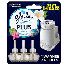 Load image into Gallery viewer, Glade PlugIn Plus Air Freshener Starter Kit, Scented Oil for Home and Bathroom, Aqua Waves, 2.01 Fl Oz, 1 Warmer + 3 Refills
