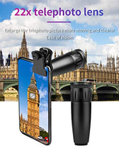 Load image into Gallery viewer, Phone Camera Lens Phone Lens 22X Telephoto Lens, 4K HD 0.67X Super Wide Angle Lens&amp;25X Macro Lens, 205° Fisheye Lens, Work as Telescope with Metal Tripod
