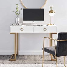 Load image into Gallery viewer, Nathan James 53301 Leighton Two-Drawer Home Office Computer Desk Vanity Table, Wood and Metal, White/Gold
