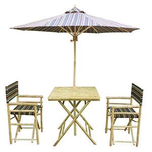 Zew 4-Piece Bamboo Outdoor Backyard Patio Set with Square Table, 2 Folding Canvas Chairs and Umbrella, White