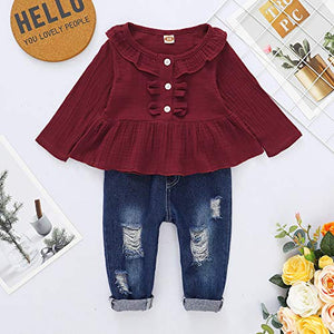 Baby Girl Outfits 6-9 Months Infant Baby Clothes Red Ruffle Sleeve Shirt Toddler Ripped Jeans Denim Pants Set 6-12 Months Girl Clothes