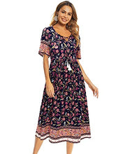 Load image into Gallery viewer, Arach&amp;Cloz Women's Boho Tie Neck Printed Short Sleeve Floral Summer Loose Tassels Casual Midi Dress with Pockets (Floral03,XL)
