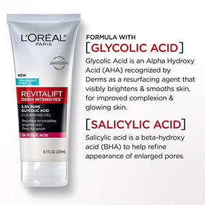 L'Oreal Paris Skincare Revitalift Derm Intensives Gel Cleanser with 3.5% Pure Glycolic Acid, Salicylic Acid to resurface and prep skin for serum, 6.7 fl oz