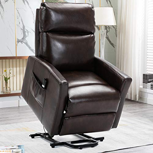 Lift Recliner Chair, Bonzy Home Overstuffed Lift Chairs for Elderly with Remote, 3 Position & Side Pocket, Power Reclining Chair for Living Room Home Theater Seating, Faux Leather, Brown
