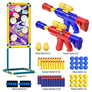 TEMI 2 in 1 Shooting Game Toy for Kids, 2pk Foam Ball Popper Air Guns with Shooting Target, 24 Foam Balls, 40 Foam Darts, Indoor and Outdoor Toys for Kids Ages 4 5 6 7 8 9 10+ Years Old Boys, Girls