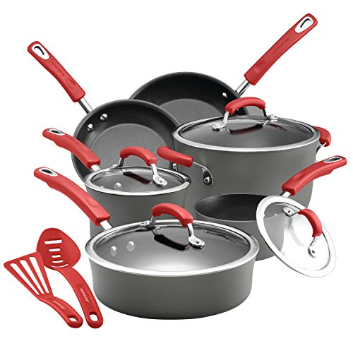 Rachael Ray Brights Hard Anodized Nonstick Cookware Pots and Pans Set, 12 Piece, Gray with Red Handles
