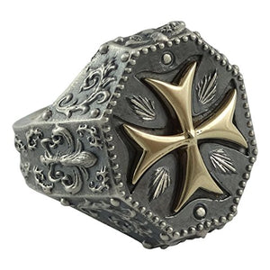 Knights Templar Maltese Cross Mens Ring Fleur De Lis Silver 925 and 10K Gold Masonic Jewelry