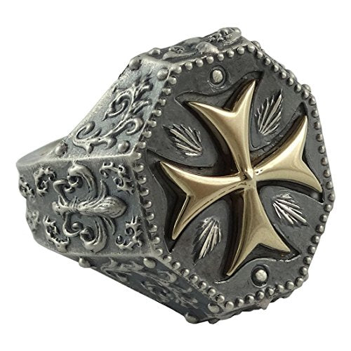 Knights Templar Maltese Cross Mens Ring Fleur De Lis Silver 925 and 10K Gold Masonic Jewelry
